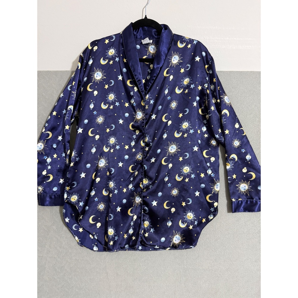 Vtg Celestial Sun Moon Star Satin Pajama Sleep Shirt boho witchy tarot Med